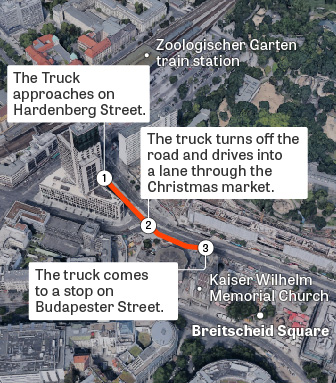 Übersichtskarte des Anschlages auf den Weihnachtsmarkt am Breitscheidplatz in Berlin